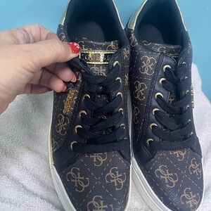 GUESS Brown & Black Monogram Lace-Up Sneakers with Gold Accents